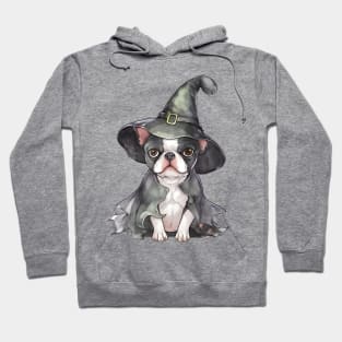 Watercolor Boston Terrier Dog in Witch Hat Hoodie